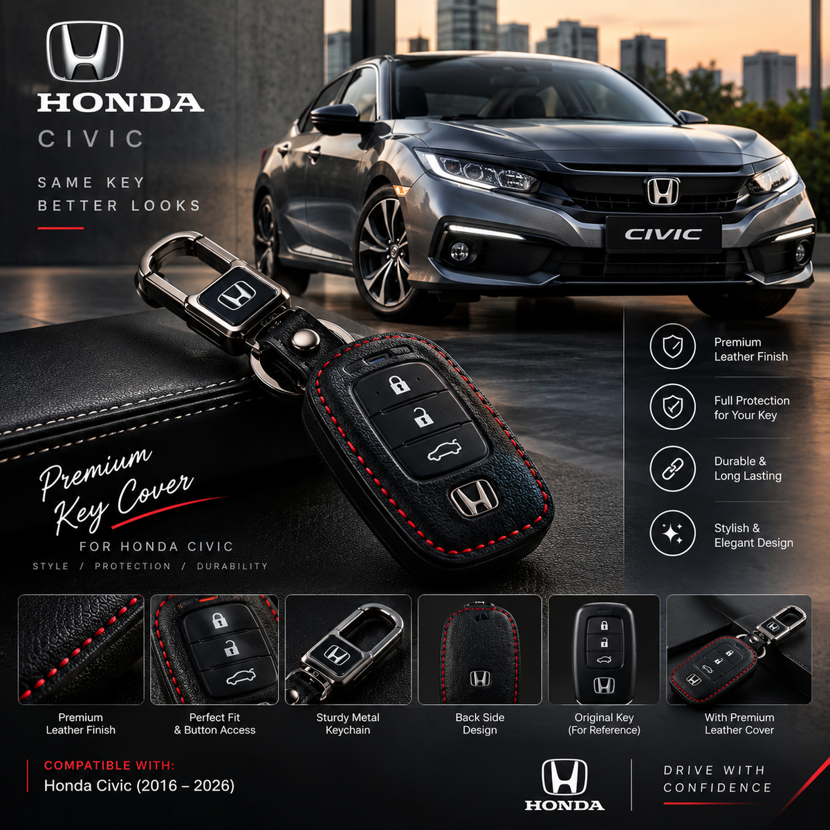 Honda Civic Premium Leather Key Cover – 3 Button