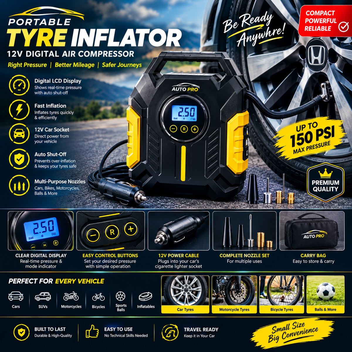 Portable Car Tyre Inflator – 12V Air Compressor