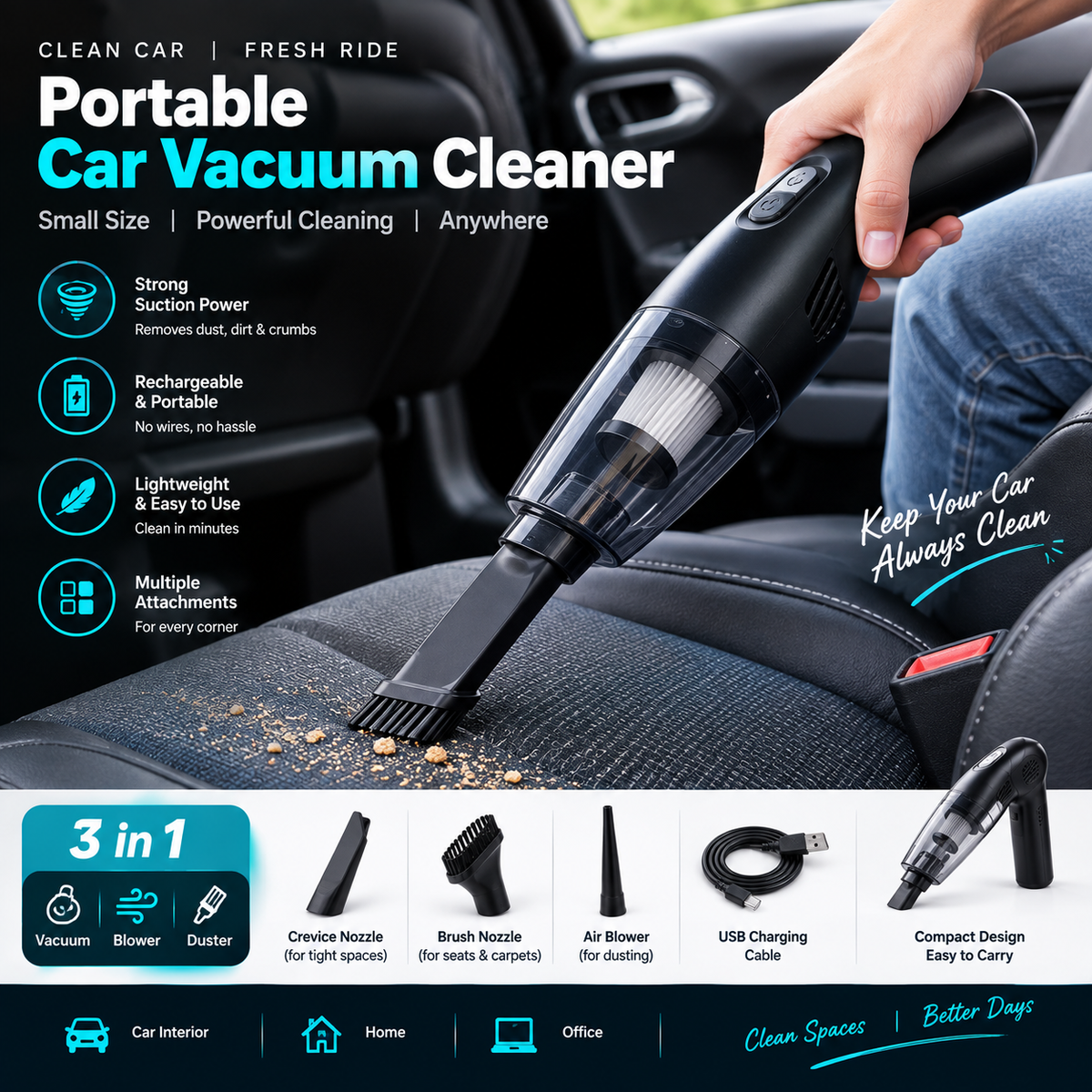 Portable Car Vacuum Cleaner – 3-in-1 Cordless