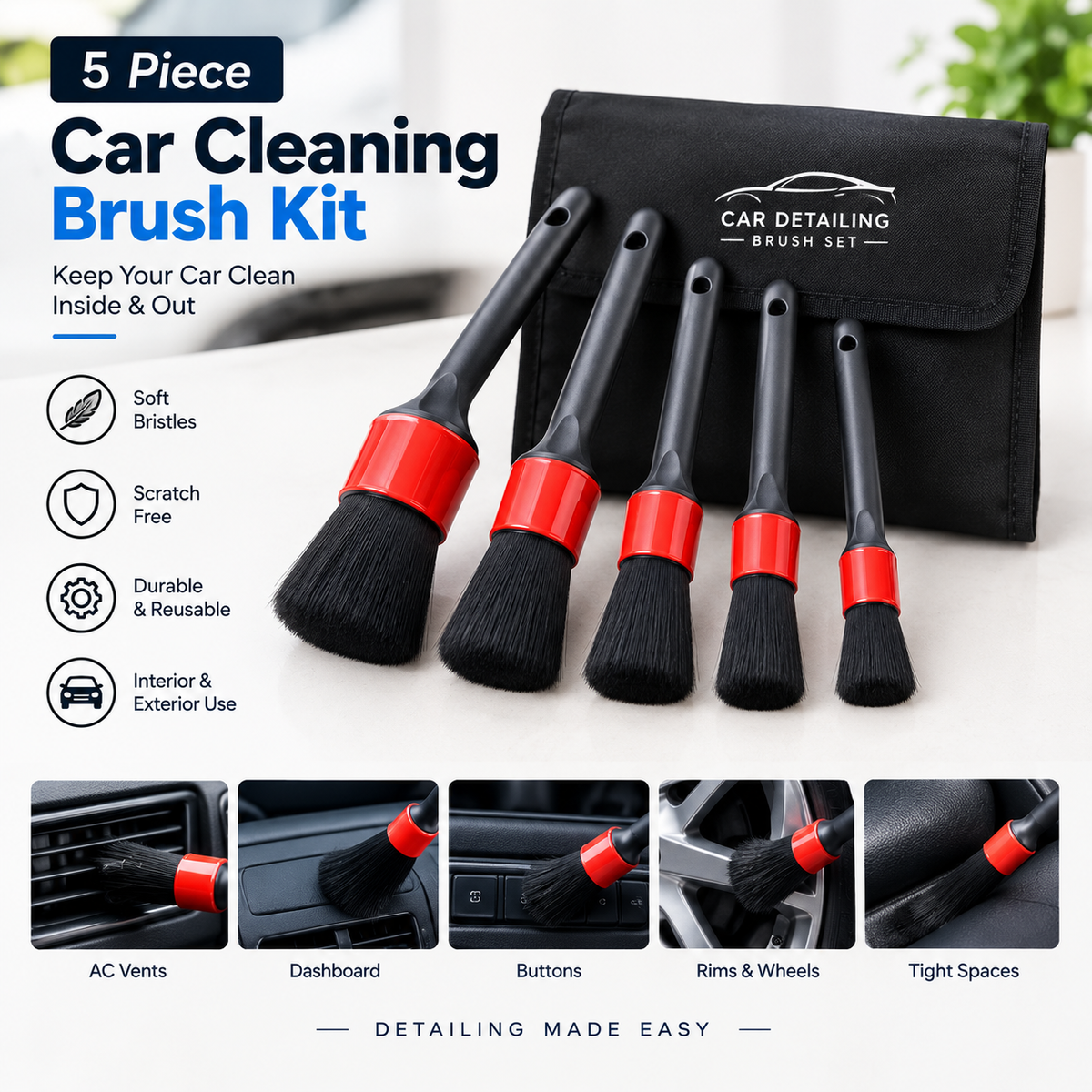 Premium 5-Piece Car Detailing Brush Kit